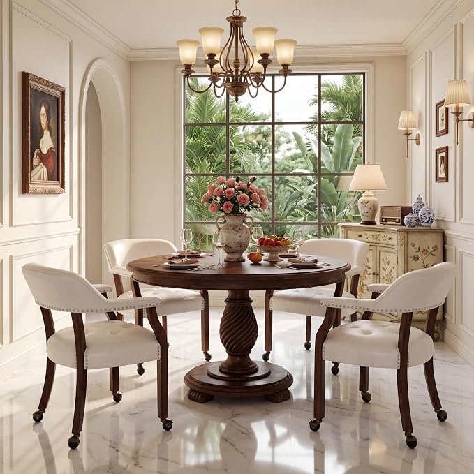 LEEMTORIG Set of 2 Large Dining Chairs with Casters and Arms, Rolling Dining Chairs with Wheels, Poker Chairs, Solid Wood Boss Caption's Chairs, 26"D x 25.2"W x 31.5"H, Cherry Legs & Ivory, SY-1533-WT