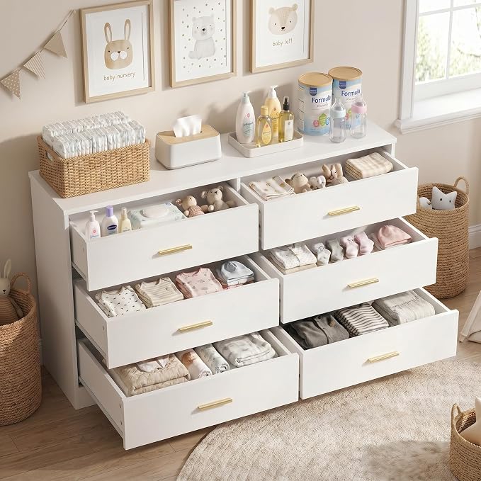 47" Modern White Dresser for Bedroom, 6-Drawer Wooden Chest of Drawers with Gold Handles,Wide Storage Cabinet for Living Room, Kid&Nursery Entryway