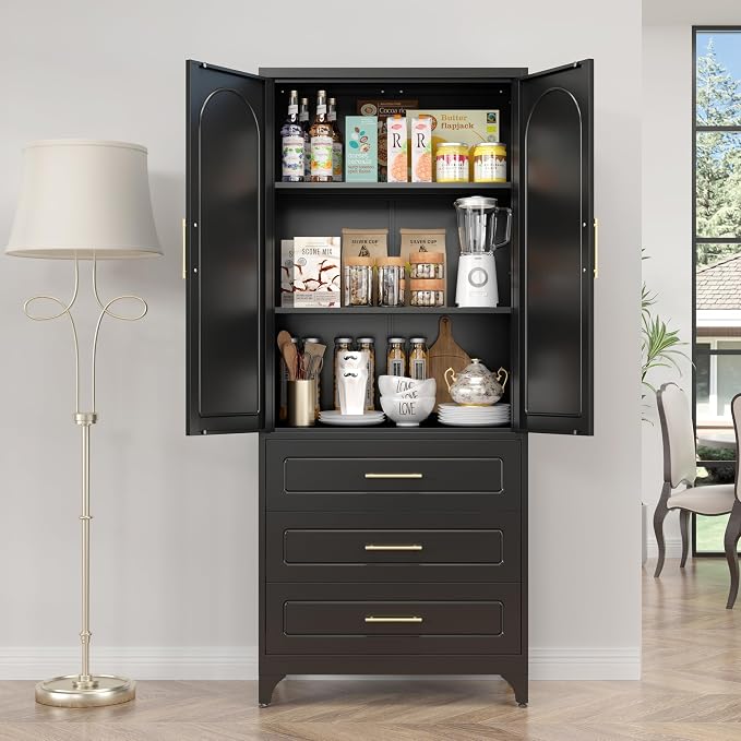 SteeLoong Metal Kitchen Pantry Storage Cabinet with 3 Drawers，75 Inch Black Food Pantry Cabinets for Kitchen Storage with 2 Adjustable Shelves,Tall Storage Cupboard for Living Room,Dining Room Office