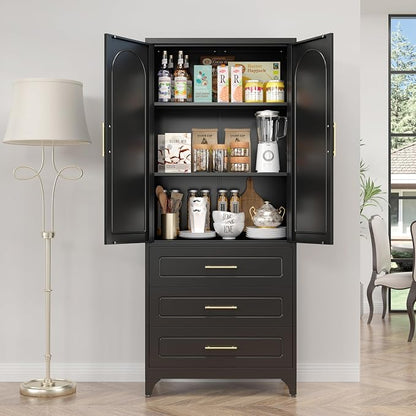 SteeLoong Metal Kitchen Pantry Storage Cabinet with 3 Drawers，75 Inch Black Food Pantry Cabinets for Kitchen Storage with 2 Adjustable Shelves,Tall Storage Cupboard for Living Room,Dining Room Office
