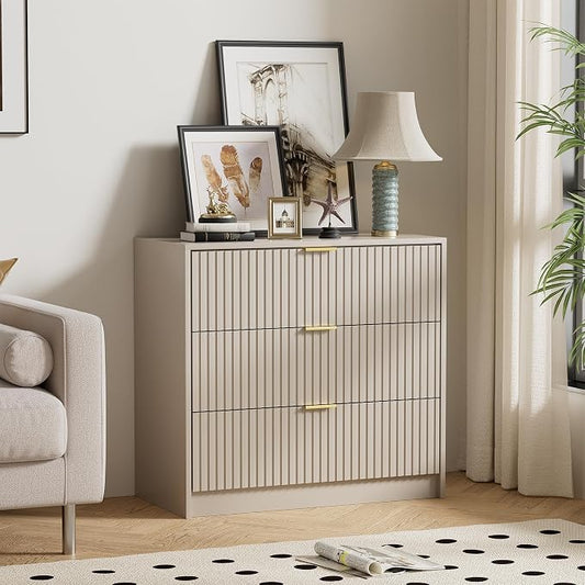 Furniway Beige Dresser for Bedroom, Modern Dresser with 3 Drawers and Smooth Slides, Wide Chest of Drawers with Golden Handles for Bedroom, Living Room, Closet, 15.7" D x 31.5" W x 29.6" H