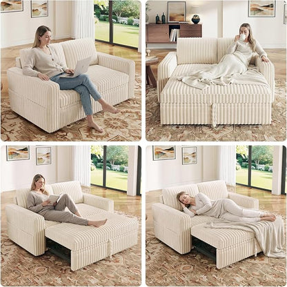 HONBAY Modular Pull Out Sofa Bed,Corduroy Loveseat, Couches for Living Room,Beige