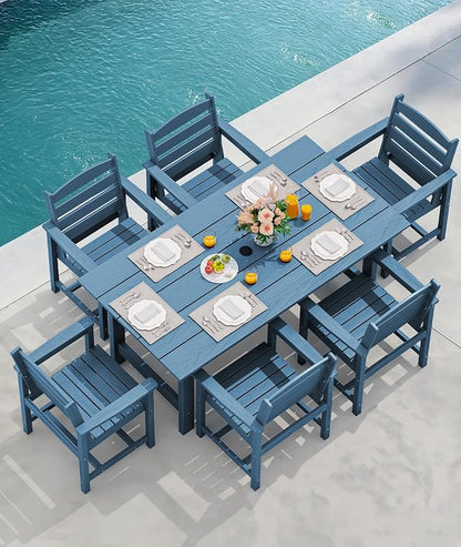 SERWALL 8-Piece Patio Dining Sets with 15FT Double Side Patio Umbrella, Outdoor HDPE Dining Furniture Set with Umbrella Hole Cut-Out Table and 6 Chairs, Blue（Umbrella Base not Included）