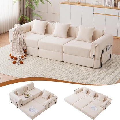 Cloud Modular Sectional Sofa, Foldable Floor Couch Bed, Convertible Sleeper Sofa Bed, Fold Out Boneless Couches for Living Room, Office, Guest Room, Apartment (3 Seater Couch, Beige)