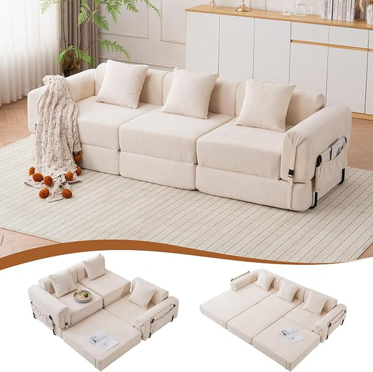 Cloud Modular Sectional Sofa, Foldable Floor Couch Bed, Convertible Sleeper Sofa Bed, Fold Out Boneless Couches for Living Room, Office, Guest Room, Apartment (3 Seater Couch, Beige)