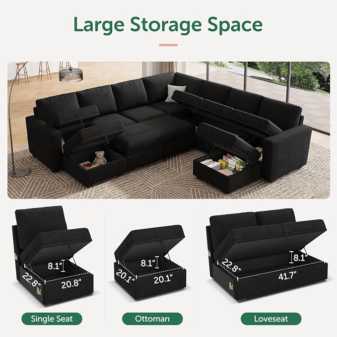 HONBAY Modular Sectional Sleeper Sofa with Pull Out Couch, Oversized U Shaped Sleeper Pull Out Bed with Storage Sectional Couches for Living Room - Black