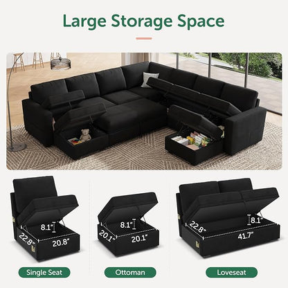 HONBAY Modular Sectional Sleeper Sofa with Pull Out Couch, Oversized U Shaped Sleeper Pull Out Bed with Storage Sectional Couches for Living Room - Black