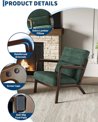 Garvee Mid-Century Modern Accent Chair, Chenille Upholstery, Solid Wood Armchair with Removable Lumbar Pillow, Sturdy Reading Chair for Living Room, Bedroom, Guest Room, Easy Assembly, Green