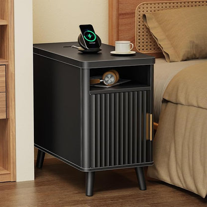 Huuger Narrow End Table with Charging Station, USB-C Port, Fluted Nightstand with Storage Cabinet, Back Rack, Farmhouse Side Table for Small Spaces, 13.4 × 23.6 Inch Night Stand, Black