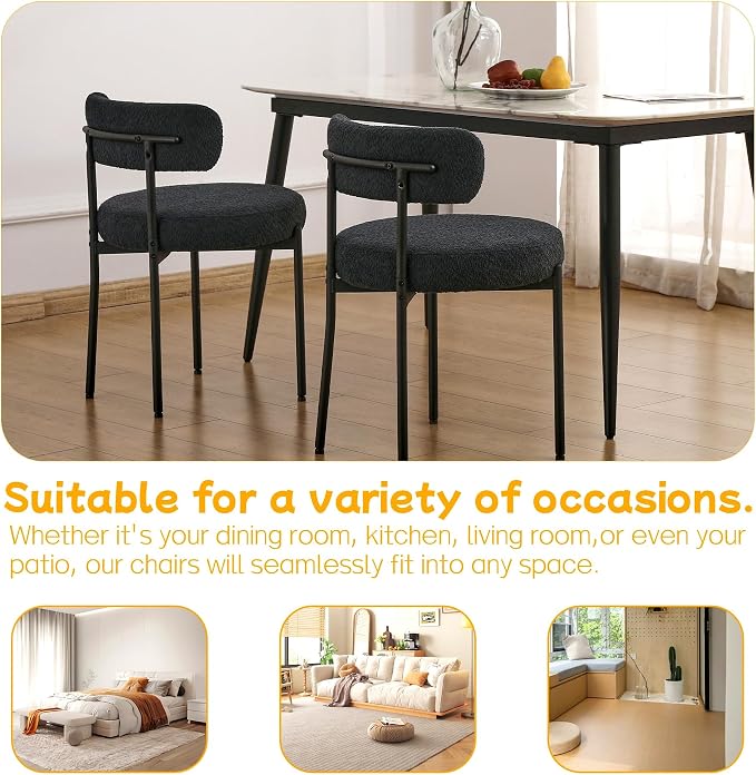 EDWELL Black Boucle Dining Chairs Set of 4, Mid Century Modern Dining Room Chairs with 3.94“ Cushions, Round Upholstered Kitchen Chairs with Black Metal Legs for Dining Chair, Living Room
