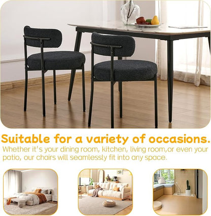 EDWELL Black Boucle Dining Chairs Set of 2, Mid Century Modern Kitchen Dining Chairs with 3.94” Cushions and Metal Legs, Round Upholstered Boucle Chairs for Kitchen, Living Room