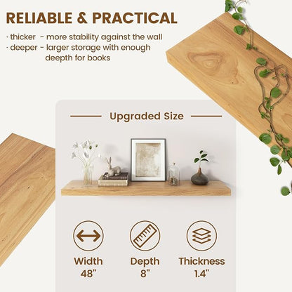 Venusmiles Floating Shelves for Wall Decor, 8" Deep Solid Elm Wood Floating Shelves Wall Mounted, Rustic Wall Shelves with Invisible Bracket for Living Room Bathroom Bedroom Kitchen, 48 Inch, Natural