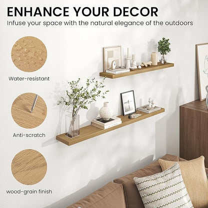 Heimlove Floating Shelves for Wall,16 inchs Shelf for Small Bathroom,Mounted Storage & Display Wood Shelves for Bedroom,Living Room,Kitchen,Office,Set of 2,Oak Color