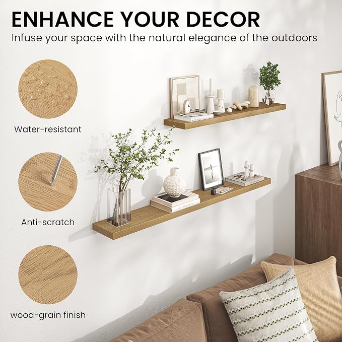 Heimlove 36 Inch Floating Shelves for Wall,Mounted Storage & Display Wood Shelves with Invisible Brackets,Hanging Shelf for Bedroom Living Room Kitchen Office,Set of 2,Oak Color