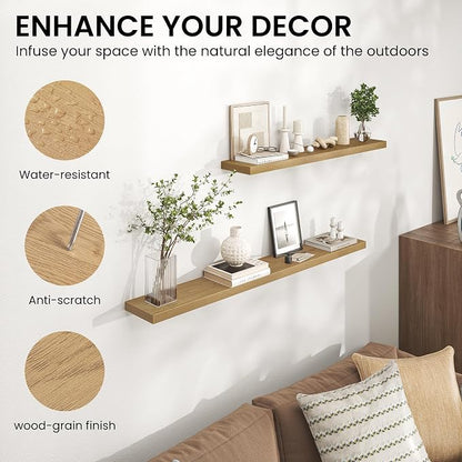 Heimlove 36 Inch Floating Shelves for Wall,Mounted Storage & Display Wood Shelves with Invisible Brackets,Hanging Shelf for Bedroom Living Room Kitchen Office,Set of 2,Oak Color