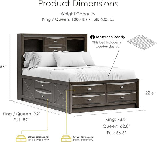 Furniture of America Darius Transitional Solid Wood 3-Piece King Platform Bedroom Set with Drawers, Bookcase Headboard and Knob Pulls, Mattress Ready, Gray