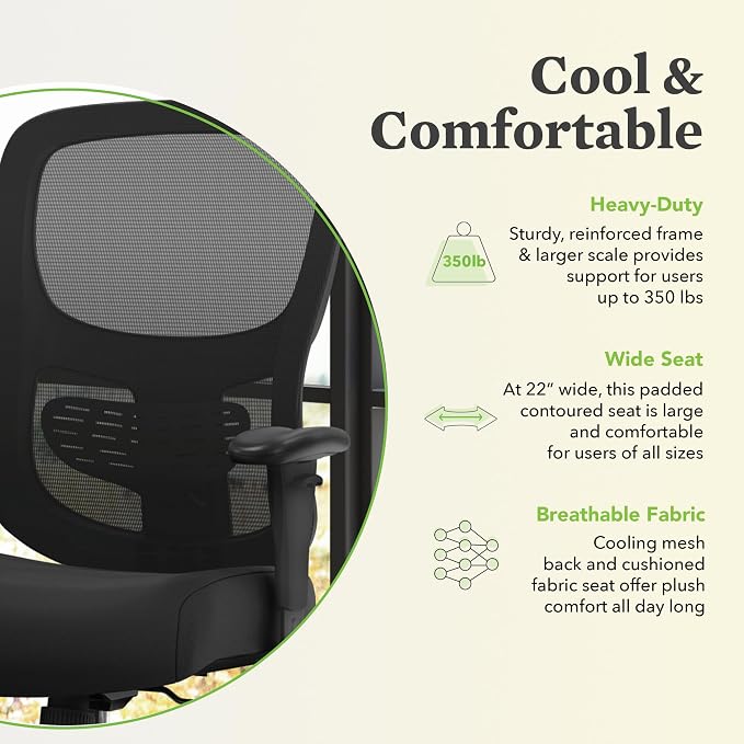 HON Sadie Big and Tall Ergonomic Office Chair with Mesh Back, Adjustable Lumbar Support and Arms, High Back Desk and Computer Chair for Home Office or Workstation, 350 lb. Weight Capacity, Black