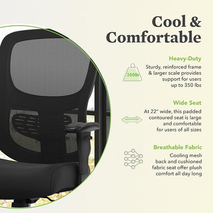 HON Sadie Big and Tall Ergonomic Office Chair with Mesh Back, Adjustable Lumbar Support and Arms, High Back Desk and Computer Chair for Home Office or Workstation, 350 lb. Weight Capacity, Black