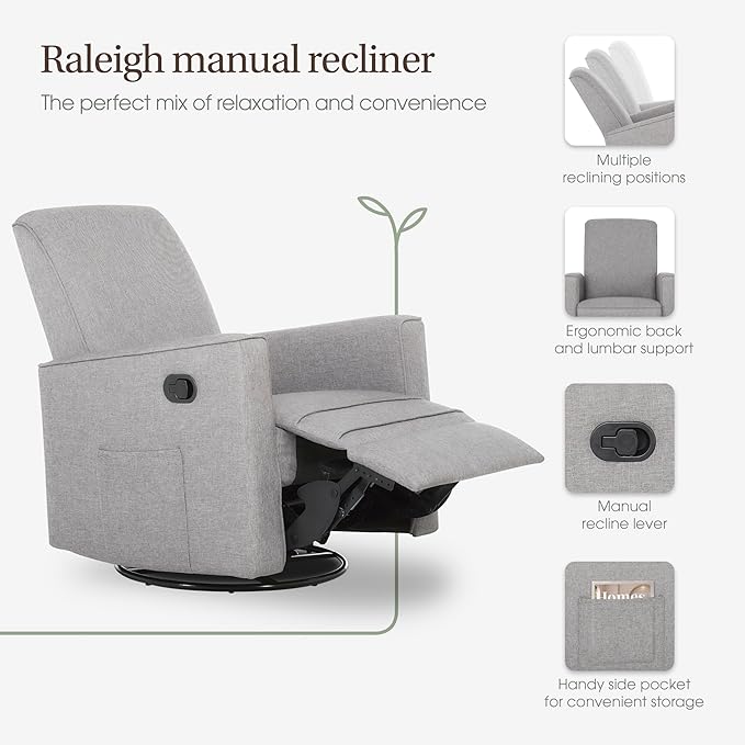 Evolur Raleigh Upholstered Manual Glider Recliner– Rocking & 360° Swivel with Smooth Glide – Greenguard Gold & FSC Certified – Modern Nursery and Living Room Chair in Light Grey