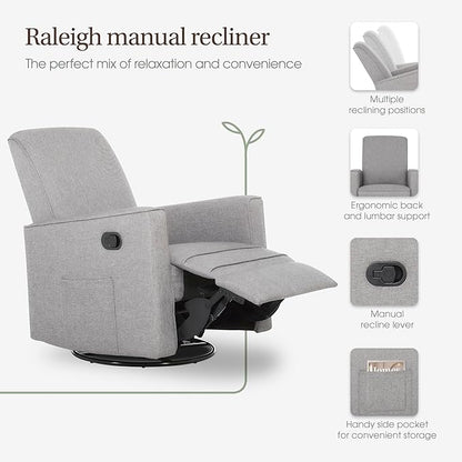 Evolur Raleigh Upholstered Manual Glider Recliner– Rocking & 360° Swivel with Smooth Glide – Greenguard Gold & FSC Certified – Modern Nursery and Living Room Chair in Light Grey