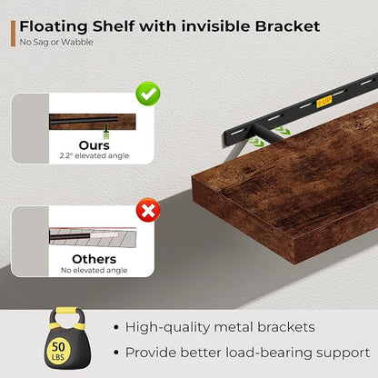 Fun Memories 55 Inch Floating Shelves for Wall, Fireplace Mantel Shelf with Invisible Heavy Duty Bracket, 8 Inch Deep Storage Shelf for Living Room, Kitchen, Farmhouse, Brown