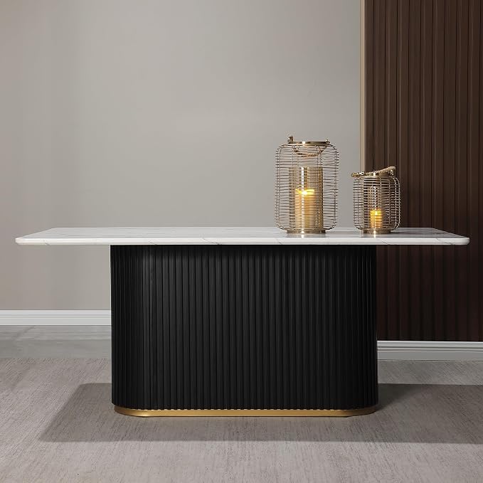 Morden Fort Marble Dining Table for 6, 70" Modern Dining Table with Black Fluted Base and White Faux Marble Top, Kitchen Table with Gold Trim for Ktichen, Reception and Conference