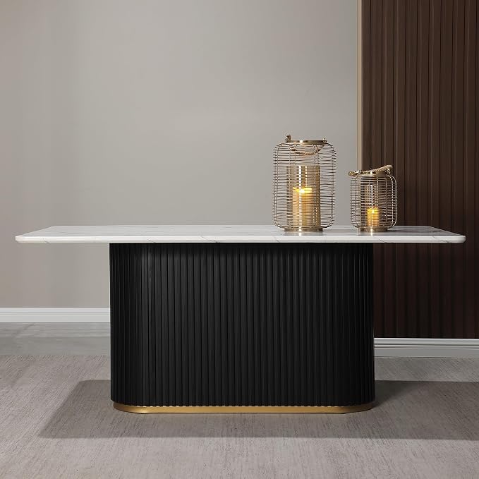 Morden Fort Modern Dining Table Set for 4, 70" Kitchen Table with Marble Rectangle Top and Black Fluted Base, 4 Boucle Upholstered Chairs for Dining Room, Restaurant and Reception