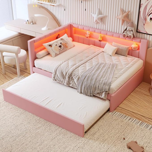 Merax Full Size Modern Upholstered Platform Bed with USB Ports & Trundle Bed, Floor Daybed with Wood Slat Support, Storage Bed Frame with Headboard/Full, Pink