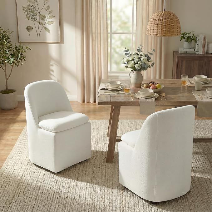 KISLOT Upholstered Dining Chairs with Casters, Washable Cover Modern Dining Room Chairs with Thick Cushion & Sturdy Metal Frame for Kitchen, Living Room, Dressing Room, Linen Fabric, Set of 1