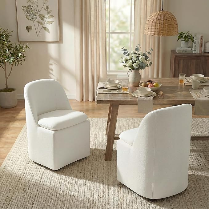 KISLOT Upholstered Dining Chairs with Casters, Washable Cover Modern Dining Room Chairs with Thick Cushion & Sturdy Metal Frame for Kitchen, Living Room, Dressing Room, Linen Fabric, Set of 2