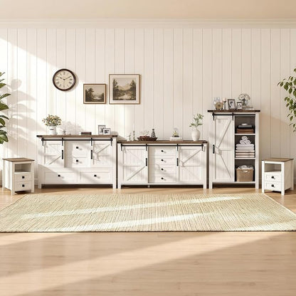 AMERLIFE 5-Piece Farmhouse Furniture Bedroom Set, Dressers & Nightstand Set of 2 with Storage Cabinet & Sideboard, Sliding Barn Door Wood Bedroom Set for Bedroom/Living Room, Distressed White