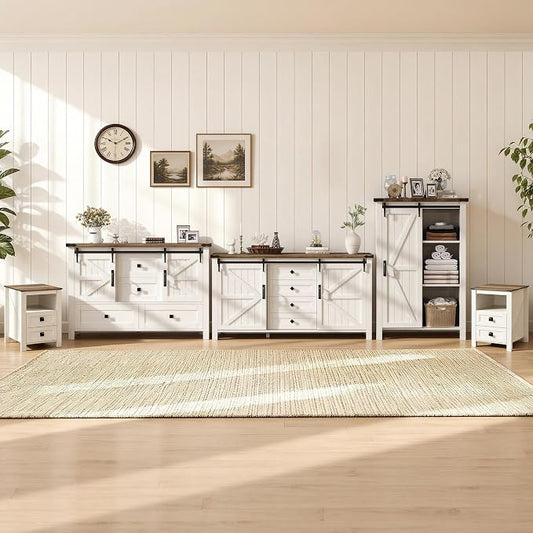 AMERLIFE 5-Piece Farmhouse Furniture Bedroom Set, Dressers & Nightstand Set of 2 with Storage Cabinet & Sideboard, Sliding Barn Door Wood Bedroom Set for Bedroom/Living Room, Distressed White