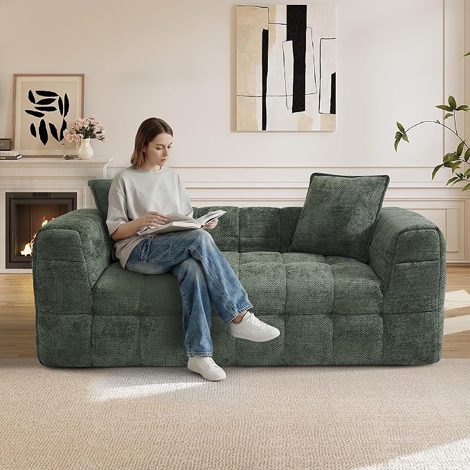 66.5" Loveseat Boneless Couch,Comfy Cloud Sectional Sofa with Deep Seat,Modern Upholstered Chenille Love Seat Sofa, Small Couches for Living Room, No Assembly Required Tufted Sofas, Green