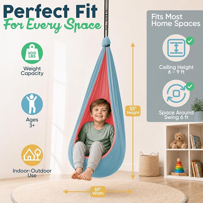 Sensory Swing for Kids Indoor Outdoor - Calming Cocoon Therapy Swing, Holds 300lbs - Hug-Like Sensory Hammock with 360° Swivel Hardware for Autism, ADHD, SPD Support