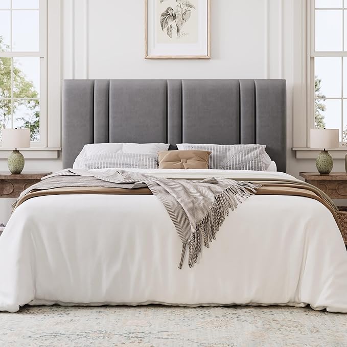 SHA CERLIN Queen Size Platform Bed Frame, Velvet Upholstered Bed with Adjustable Headboard, Vertical Channel Tufted Design, Sturdy Wood Slat Support, No Box Spring Needed, Easy Assembly, Light Grey