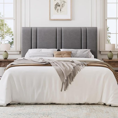 SHA CERLIN Queen Size Platform Bed Frame, Velvet Upholstered Bed with Adjustable Headboard, Vertical Channel Tufted Design, Sturdy Wood Slat Support, No Box Spring Needed, Easy Assembly, Light Grey