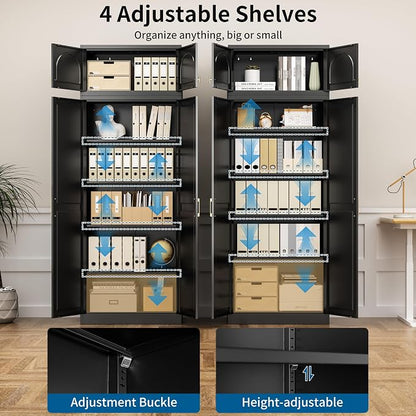 86" Tall Metal Kitchen Pantry Storage Cabinet with Doors | Extra Large Heavy Duty Steel Cabinet, 4 Adjustable Shelves, Easy-Access Gold Handles, Black, 2 Packages, Home Office