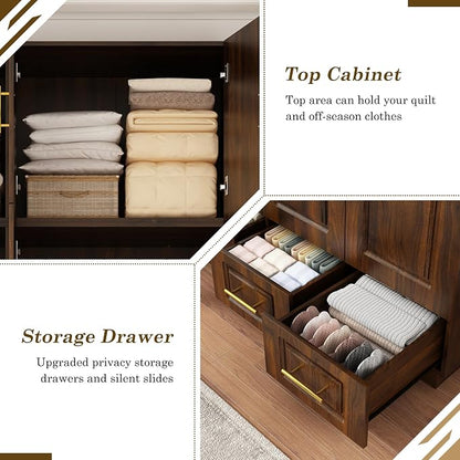 Hlivelood Large Armoire Wardrobe Closet Cabinet with Drawers and LED Lights, Multi-Tier Shelves, Hanging Rod, Large Capacity Storage 3 Door Wardrobe Armoire with Top Cabinet for Bedroom, Brown
