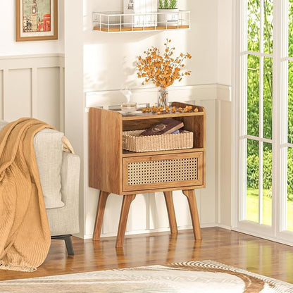 Lerliuo Rattan Nightstands Set of 2, Side Table with Drawer, Cane Accent Bedside End Table with Solid Wood Legs, Mid Century Modern Night Stand for Bedroom, Dorm and Small Spaces (Tea Brown)