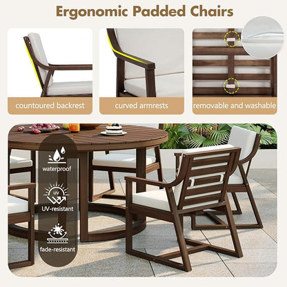 Quarte 7-Piece Patio Dining Table Set, Round Dining Table with 1.96" Umbrella Hole, Outdoor Wooden Patio Furniture Set for Garden, Backyard and Pools (Mocha-7)