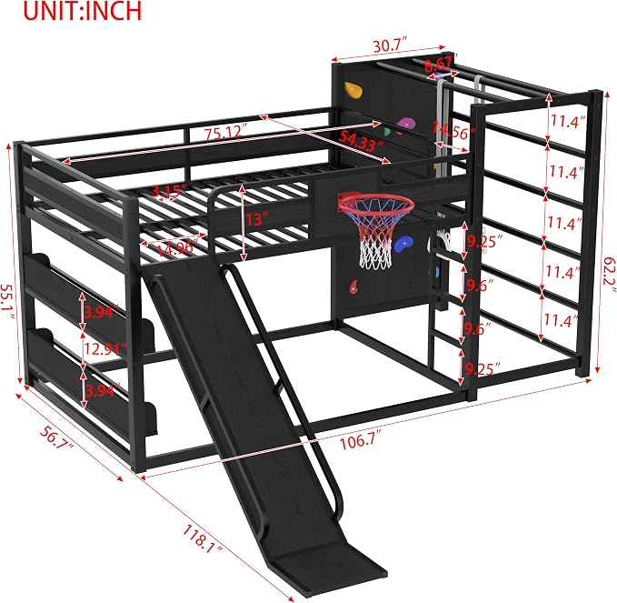 Bellemave Full Over Full Bunk Bed with Basketball Hoop, Pull-up Rings and Climbing Wall, Low Profile Bunk Bed with Slide and Bookcase, Heavy Duty Bunk Beds with Guardrail, Metal Black