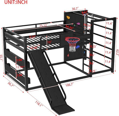 Bellemave Full Over Full Bunk Bed with Basketball Hoop, Pull-up Rings and Climbing Wall, Low Profile Bunk Bed with Slide and Bookcase, Heavy Duty Bunk Beds with Guardrail, Metal Black