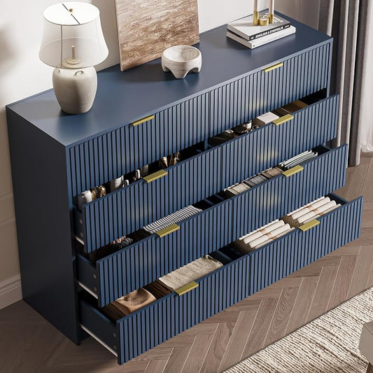 MAISONARIA 3-Piece Dresser Bedroom Set, 8 Drawer Dresser & 3 Drawer Nightstands with Gold Handles, Fluted Wood Chest of Drawers for Bedroom, Living Room, Entryway, Navy Blue