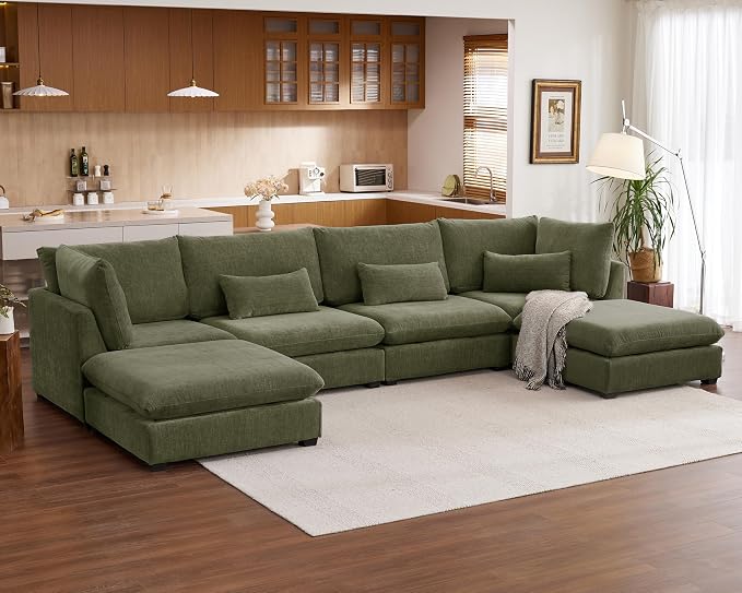 154" Oversized Chenille Couch Modular Sectional Sofa, Washable Cloud Couch Sectional with 2 Ottoman, 6 Seater Sectional Couches for Living Room, Fully Cover Removable, U Shaped, Chenille, Green