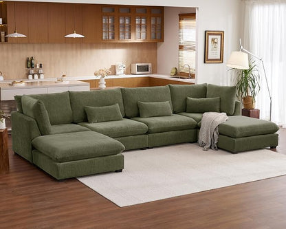 154" Oversized Chenille Couch Modular Sectional Sofa, Washable Cloud Couch Sectional with 2 Ottoman, 6 Seater Sectional Couches for Living Room, Fully Cover Removable, U Shaped, Chenille, Green
