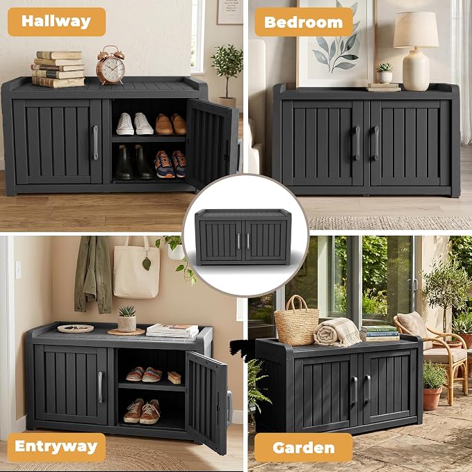 ROJIK Shoe Cabinet Waterproof UV-Resistant,Storage Bench Indoor Outdoor with Adjustable Shelves,for Entryway Bedroom,Hallway,Living Room(Double Door,Black)