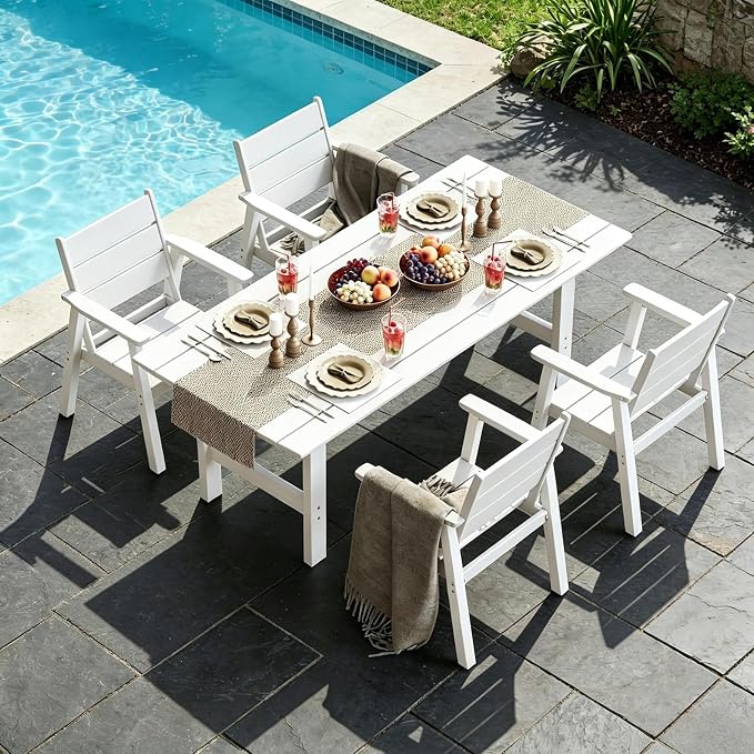 Outdoor Dining Set,5-Piece Patio Table and Chairs Set for 4, HDPE Outdoor Dining Table and Chairs with Umbrella Hole, All-Weather Patio Dining Furniture Set,White