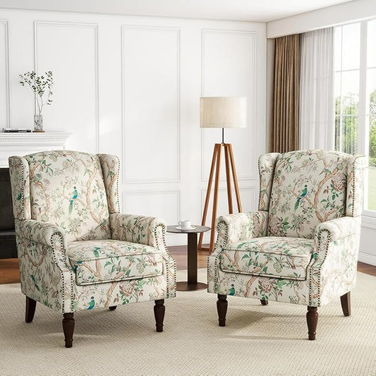 High Back Accent Chairs Set of 2, Fabric Upholstered Armchair Floral Wingback Chair for Living Room, Comfy Single Sofa Solid Wood Legs Bedroom Reading Seat - Pattern Bird