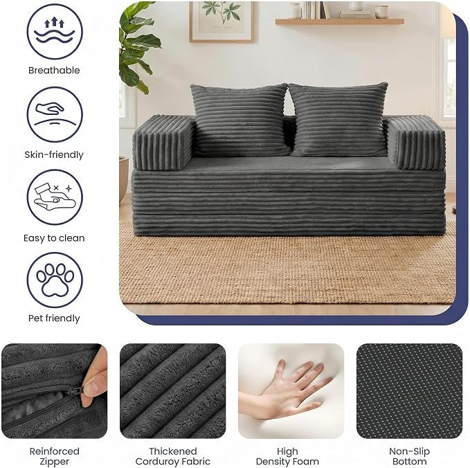 Convertible Sofa Bed, 4-in-1 Boneless Loveseat with Removable Armrests Backrest, Corduroy Futon Couch Bed with Pillow, Foldable Mattress Sleeper Sofa for Living Room Bedroom Small Place (Grey)