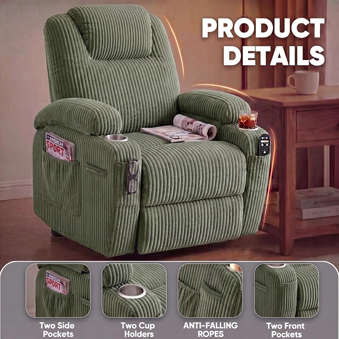 Flamaker Power Lift Chair Massage Recliner Chairs for Elderly, Corduroy Ergonomic Design with Cup Holders & Side Pockets, Remote Control (Green)